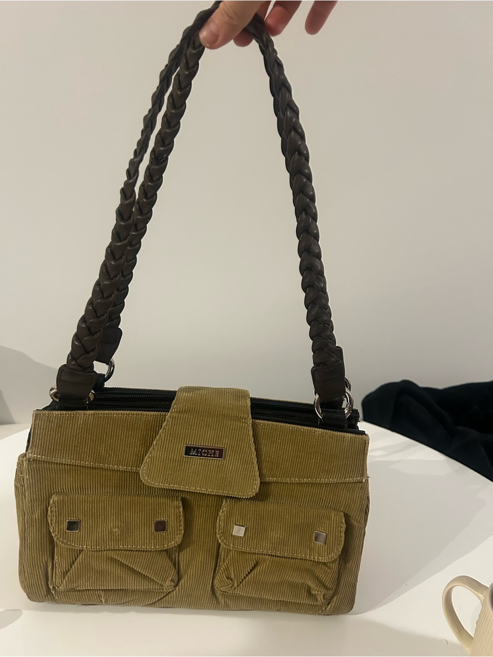 Miche Olive Corduroy Shoulder Bag with Braided Dark Brown Handles y2k